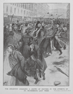 Infantry charging protesters, St Petersburg, Russian Revolution, 1905 (litho)