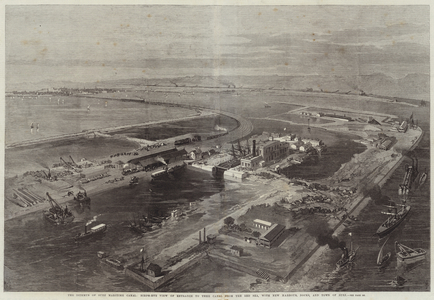 The Isthmus of Suez Maritime Canal, Bird's-Eye View of Entrance to the Canal from the Red Sea, with New Harbour, Docks, and Town of Suez (engraving)