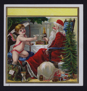 Santa and a cherub drinking Champagne and smoking a cigar, cigar label (chromolitho)