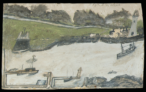 Harbour scene with castle and lighthouse (pencil & oil on card)