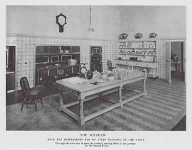 Queen Mary's Dolls' House: The Kitchen with the Ingredients for an Apple Pudding on the Table (b/w photo)