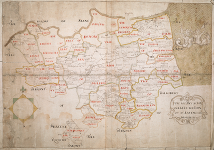 'The Barony of Duleeke in the County of East Meath [Leinster] Described', by an unidentified surveyor; [1655-1656?]. No scale given. North at top. Showing boundaries of parishes (in colour) and townlands, with place-names. Rivers, areas of bog and the sea-coast (with a group of sea monsters and human figures) are indicated, and some buildings shown pictorially. Cartouche decorated with scrolls and a grotesque head. Compass rose.
Mounted on a large sheet of hand-made paper, worn at the edges. 
50 x 71cm.