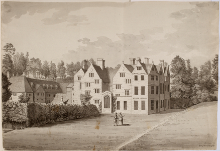 Drawn illustration of a country house in a rural setting, in England.
