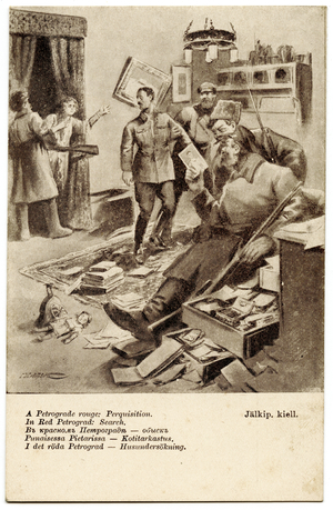 Anti-Soviet propaganda postcard showing a Bolshevik raid on the house of a member of the former Imperial elite. , c.1919 (postcard)