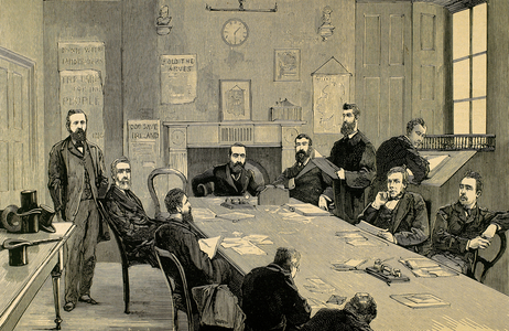 Charles Stewart Parnell (1846-1891), Irish politician, Session of the Council of the Agrarian League presided over by Parnell in Dublin, Ireland, 1880 (engraving)
