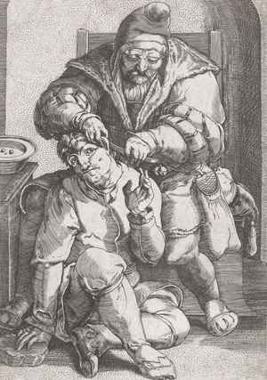 17th century barber surgeon attending to a patient's ear.