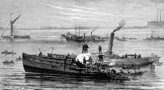 Thames Conservancy steam launch moored over the wreck of the steamer Princess Alice, near Woolwich, 1850