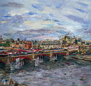 Blackfriars Bridge from Tate Modern, overcast, 2007 (oil on board)