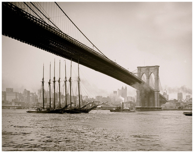 New York from under Brooklyn Bridge (b/w photo)