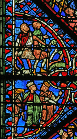 Window w2 depicting the Magi with Herod; Annunciation to the Shepherds (stained glass)