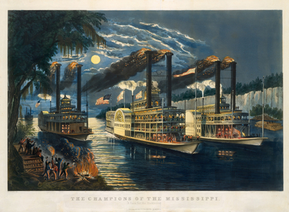 The Champions of the Mississippi – "A Race for the Buckhorns", 1866 (hand-coloured lithograph)
