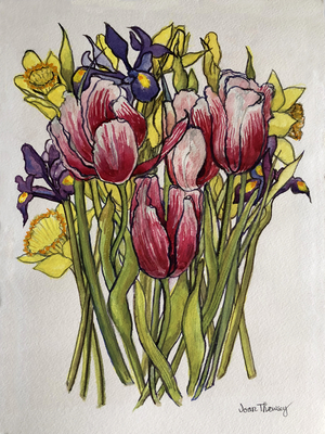 Tulips, Daffodils and Iris (watercolour)
