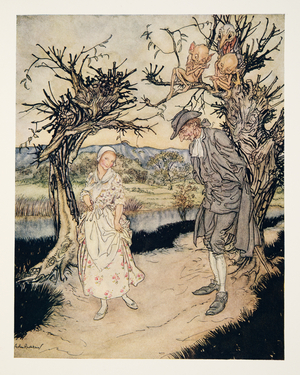 "Sauntering along in the Twilight..", from The Legend of Sleepy Hollow by Washngton Irving (1783 - 1859), pub. 1928 (colour litho)