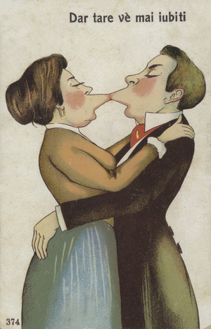 Kissing couple (colour litho)