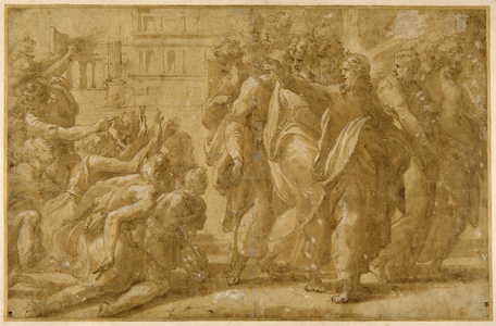 Christ with his disciples healing the lepers (pen, ink, wash & bodycolour on paper)