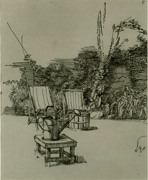 2 Sunchairs and a Watering Can in a Garden (pen & ink on paper)