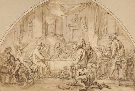 Study for The Last Supper, c.1792 (pen & brown ink & brush & brown wash, with touches of pen & black ink, graphite, & traces of red chalk & brush & red chalk wash, on lunette-shaped tan laid paper, laid down on tan wove card)