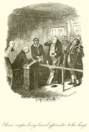 Oliver excapes being bound apprentice to the Sweep (engraving)