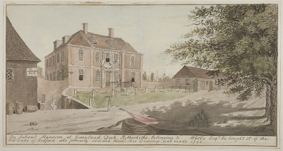 View of an ancient mansion at Greenland Dock in Rotherhithe, Bermondsey, 1796 (w/c on paper)