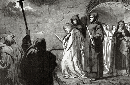Immurement of a nun. Herrad of Landsberg (1130-1195). Engraving.