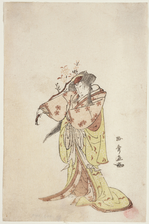 Kabuki Actor in Female Role Holding Cherry Blossom (woodblock print)