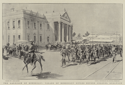 The Garrison of Kimberley, Parade of Kimberley Rifles before Colonel Kekewich (litho)