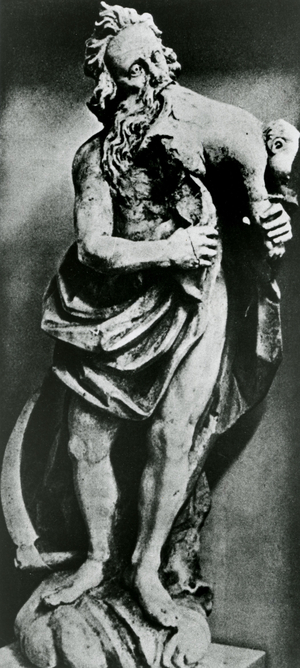 Statue from Bontida Castle by J.Nachtigall, Cluj-Napoca Museum, Transylvania, Romania (b/w photo)