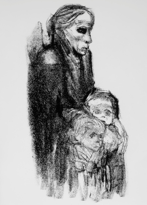 Drawing of Mother with Children, from German weekly magazine 'Simplicissimus', 1924 (litho)