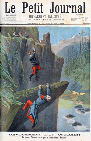 devotion of an officer: soldier Clement (who wants to commit suicide) saved by the commandant Reynaud, front page of french newspaper "Petit Journal" february 13, 1898