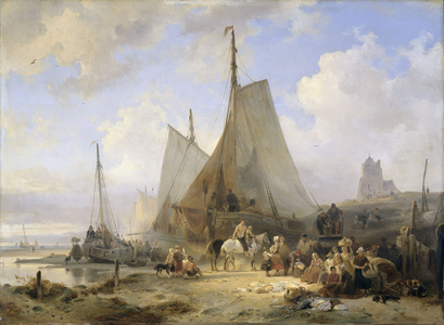 Fishing Boats on the Beach with Fishermen and Women Sorting the Catch, 1835 (oil on panel)