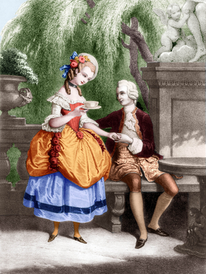 Jeanne Becu, countess du Barry (1743-1793) was French king Louis XV's favourite, she was guillotined during the Terror, France, here wearing dairymaid suit offering some milk to the king in Marly pavilion, engraving