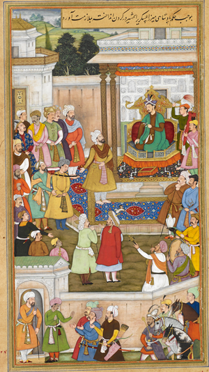 Mirza 'Askari with his sword slung round his neck surrendering to Humayun at Kandahar (1545). By Surdas.