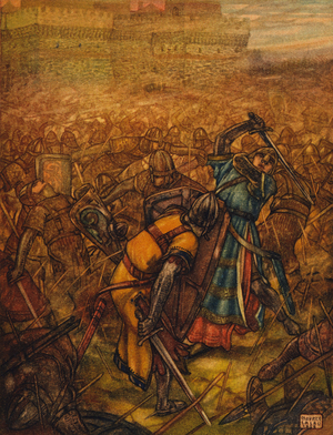 Then the two on foot, with shattered shields and hauberks unbuckled, defied and assailed each other (colour litho)