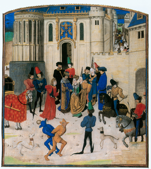Outside the Porte St. Denis, King Charles VI of France greets his Queen Isabeau of Bavaria …