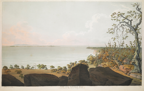 View from Malabar Hill.
Panorama from Malabar Hill across the Back Bay; trees in the foreground; a distant ship sails on the horizon. This plate and plate No. 4 form a panorama.