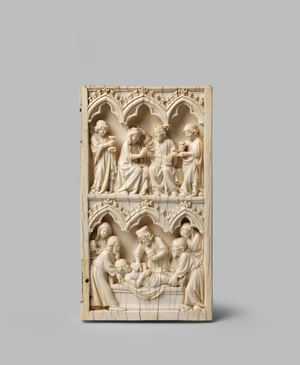 Right wing of a diptych depicting the Entombment of Christ and the Coronation of the Virgin, 14th century (carved ivory, gilding)