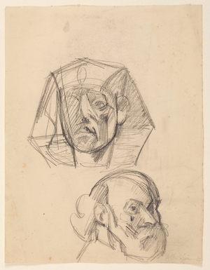 Sesostris III, after an Egyptian sculpture, and Self Portrait, after Cezanne (pencil on paper)