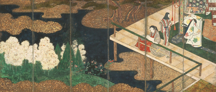 Whose sleeves? (Tagasode), c.1600-15 (six-panel screen, ink, colour, silver, gold & gold leaf on paper)