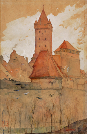 Towers from the City Wall, Nuremberg, 1897 (watercolour and pencil on board)
