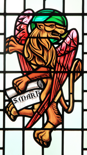 St. Mark, Symbol of Evangelist, Winged Lion, 20th century, stained glass window, Snettisham, Norfolk, England (stained glass)
