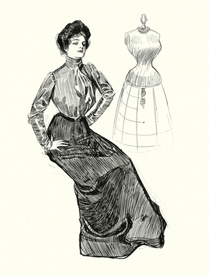 Woman and dressmaker's mannequin (litho)