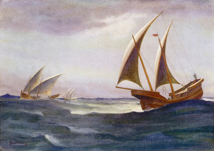 Three of his belated ships had come into port (colour litho)