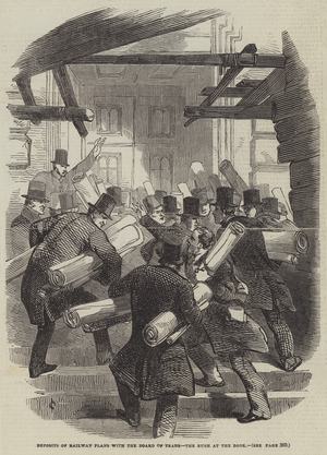 Deposits of Railway Plans at the Board of Trade, the Rush at the Door (engraving)