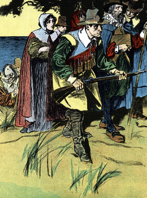 Pilgrim Fathers advancing into America after crossing from Europe in the 'Mayflower' in 1620. Colour-printed lithograph c1900