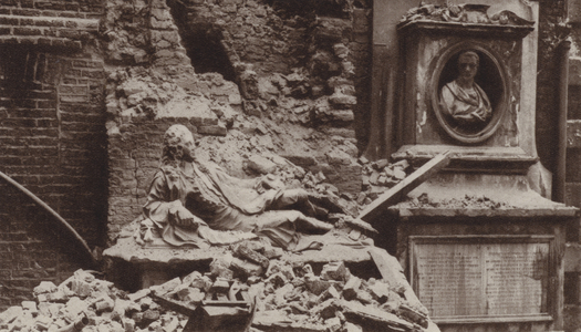 Statue of Oliver Goldsmith amid the rubble of the Temple, London, during the Blitz, World War II (b/w photo)