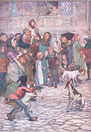 "Why do your dogs bark so? Be there bears I the town?", illustration from 'The Merry Wives of Windsor ', 1910 (colour litho)