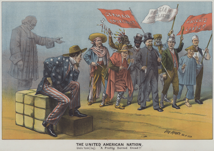 The United American Nation, satire on the diversity of immigrants in 19th century American society (colour litho)
