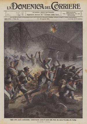 Beginning of the Austro-Serbian War, fighting at the bridge over the Sava that joins Austria and Serbia (colour litho)