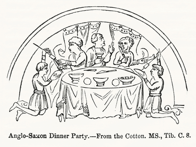 Anglo-Saxon Dinner Party, from the Cotton, MS., Tib. C. 8, Illustration from John Cassell's Illustrated History of England, Vol. I from the earliest period to the reign of Edward the Fourth, Cassell, Petter and Galpin, 1857 (litho)