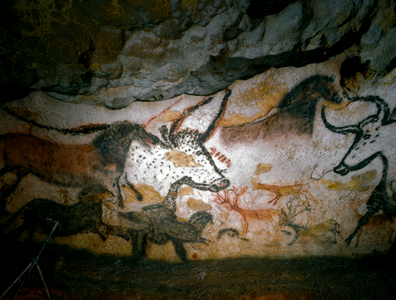 Paleolithic art of bulls, deer, and horses on calcite cave walls, Lascaux caves, France., 1988 (photo)